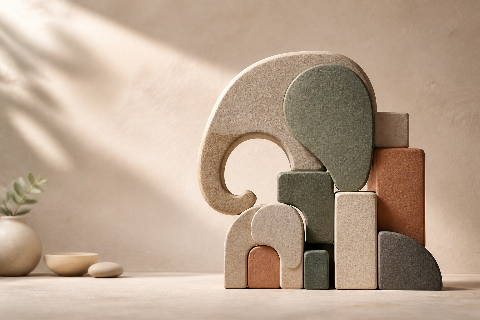 Warm sculptural blocks forming an abstract elephant-like shape